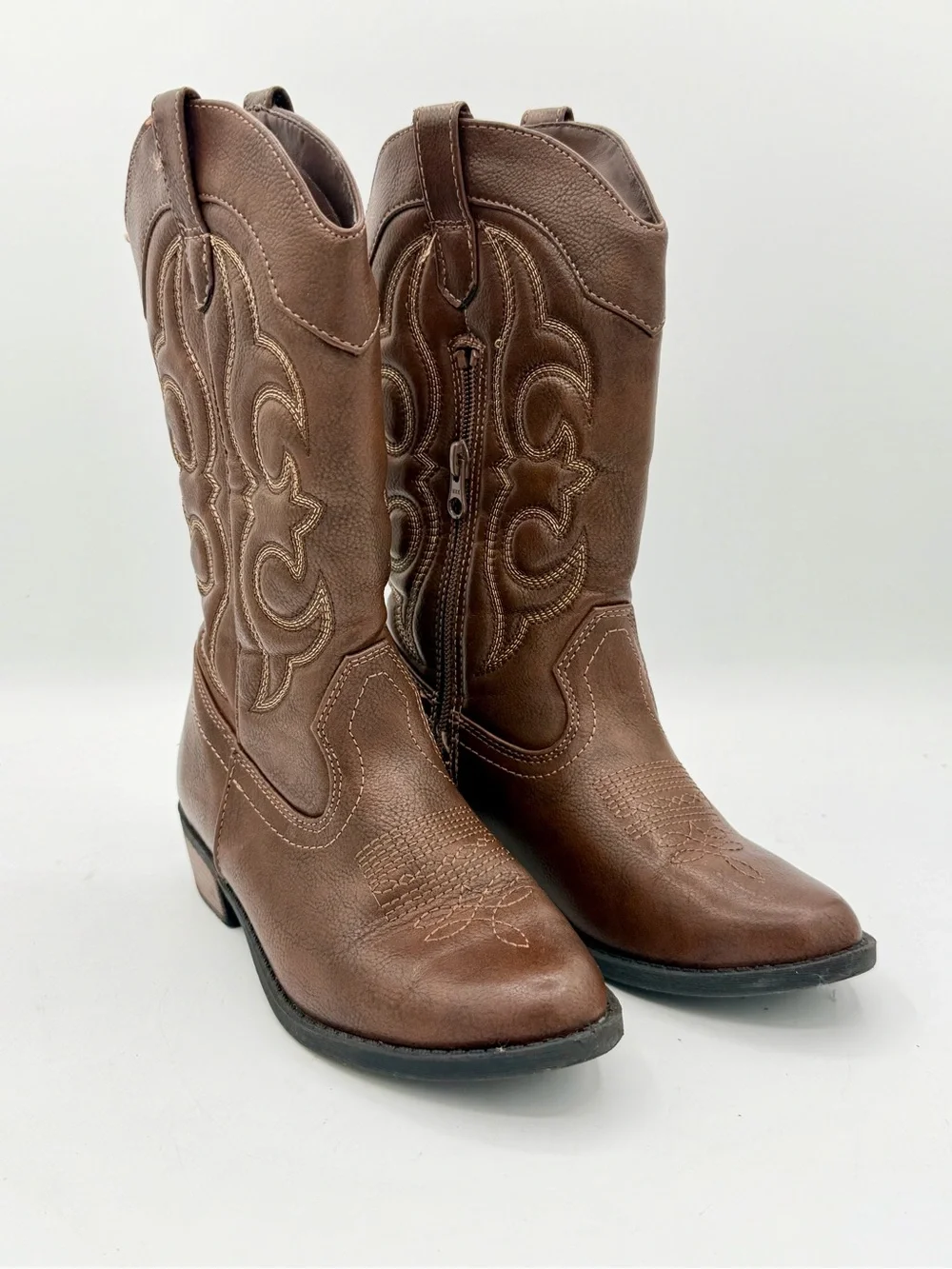 Girls Brown Western Cowboy Boots Side Zip Square Toe Size 1 Faux Leather